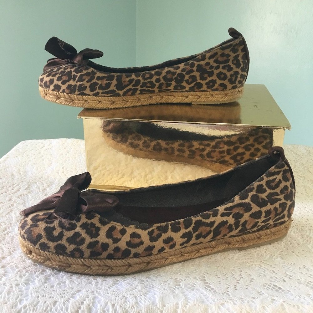 Elena Solano Classic Leopard Print Espadrilles Flats Ballerina Satin Bows Sz 8